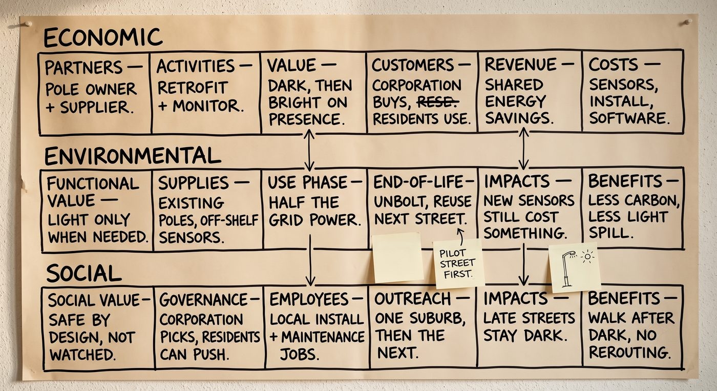 A green business model canvas on butcher paper, mapping economic, environmental and social value for a street-lighting venture.