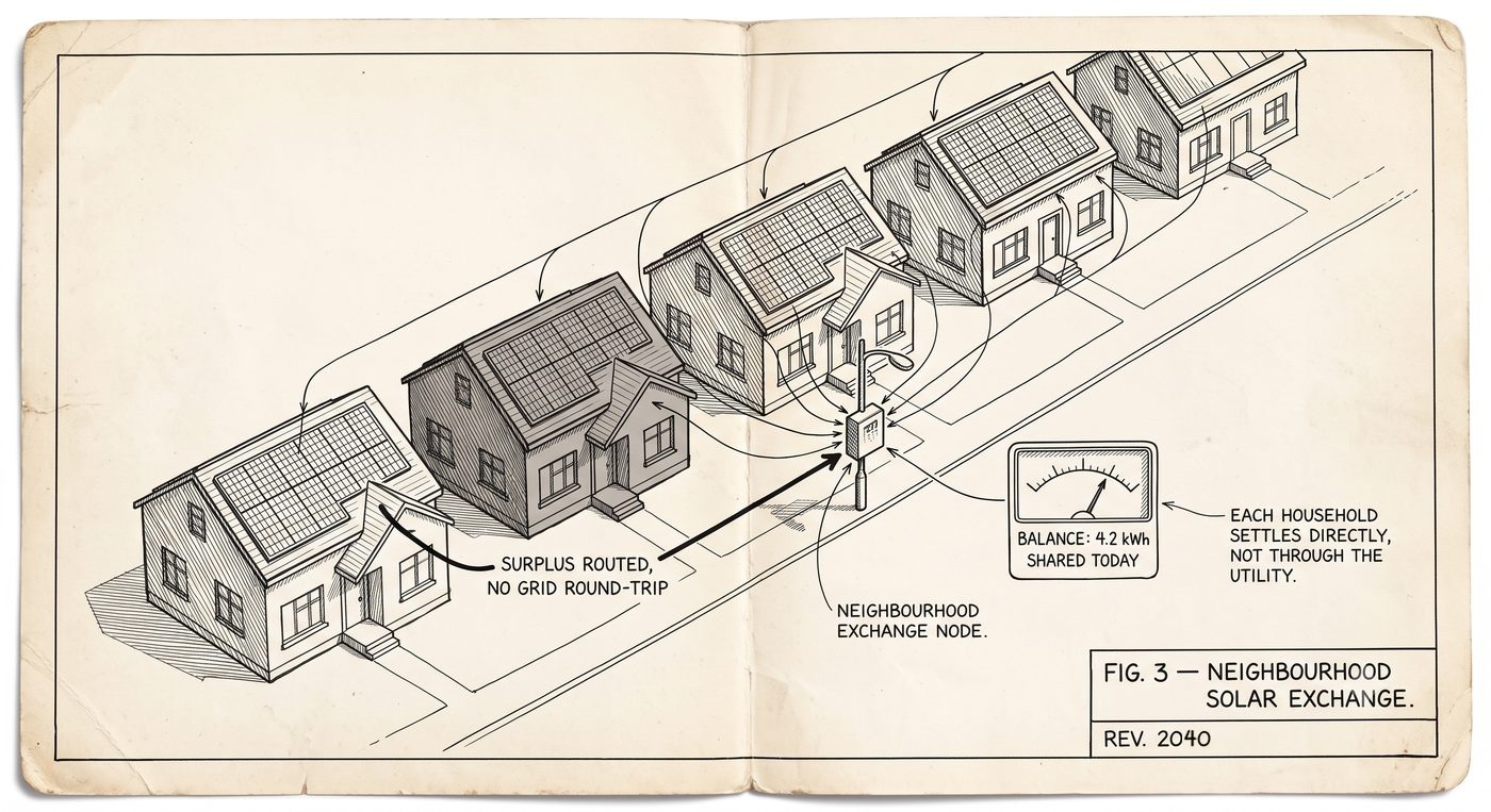 A technical sketch of a neighbourhood solar exchange, with rooftop panels routing surplus power through a shared exchange node.