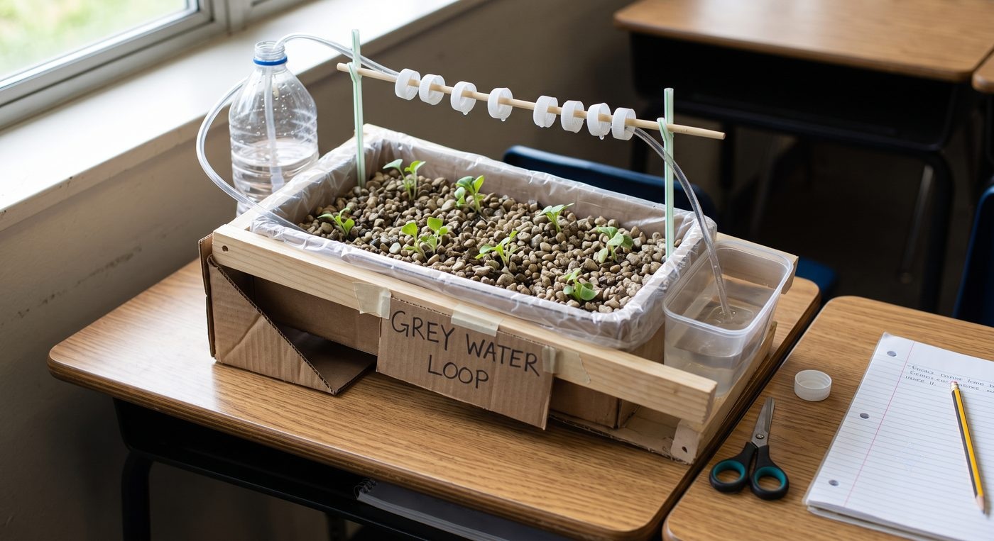 A homemade greywater-loop planter with seedlings, built from a bottle, tubing and cuttings on a classroom desk.