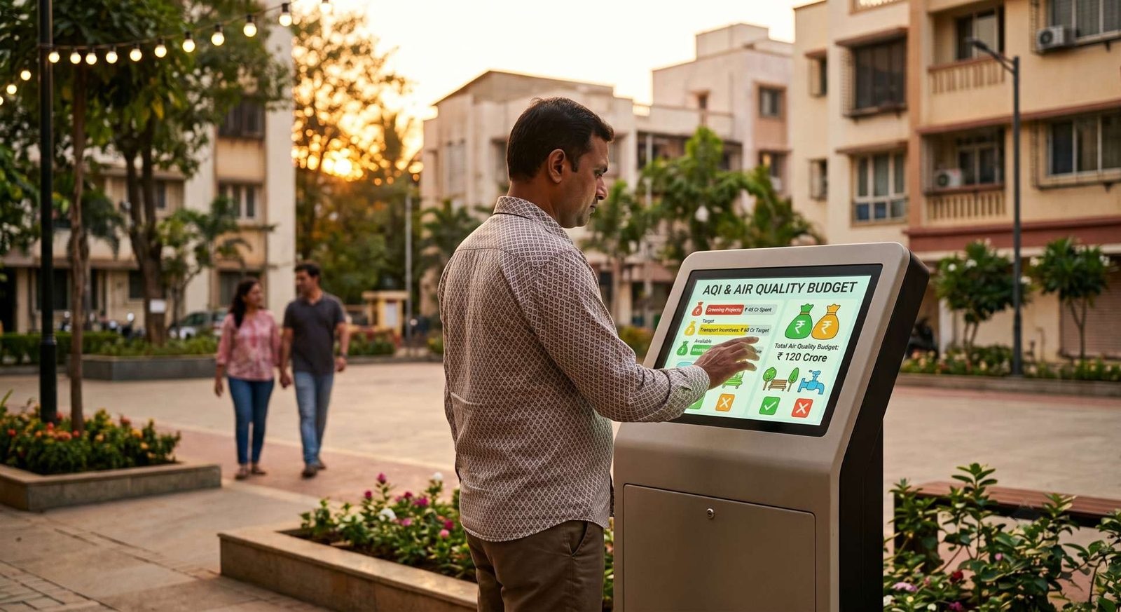 A man uses a public kiosk in a leafy square to vote on the city's air quality budget.