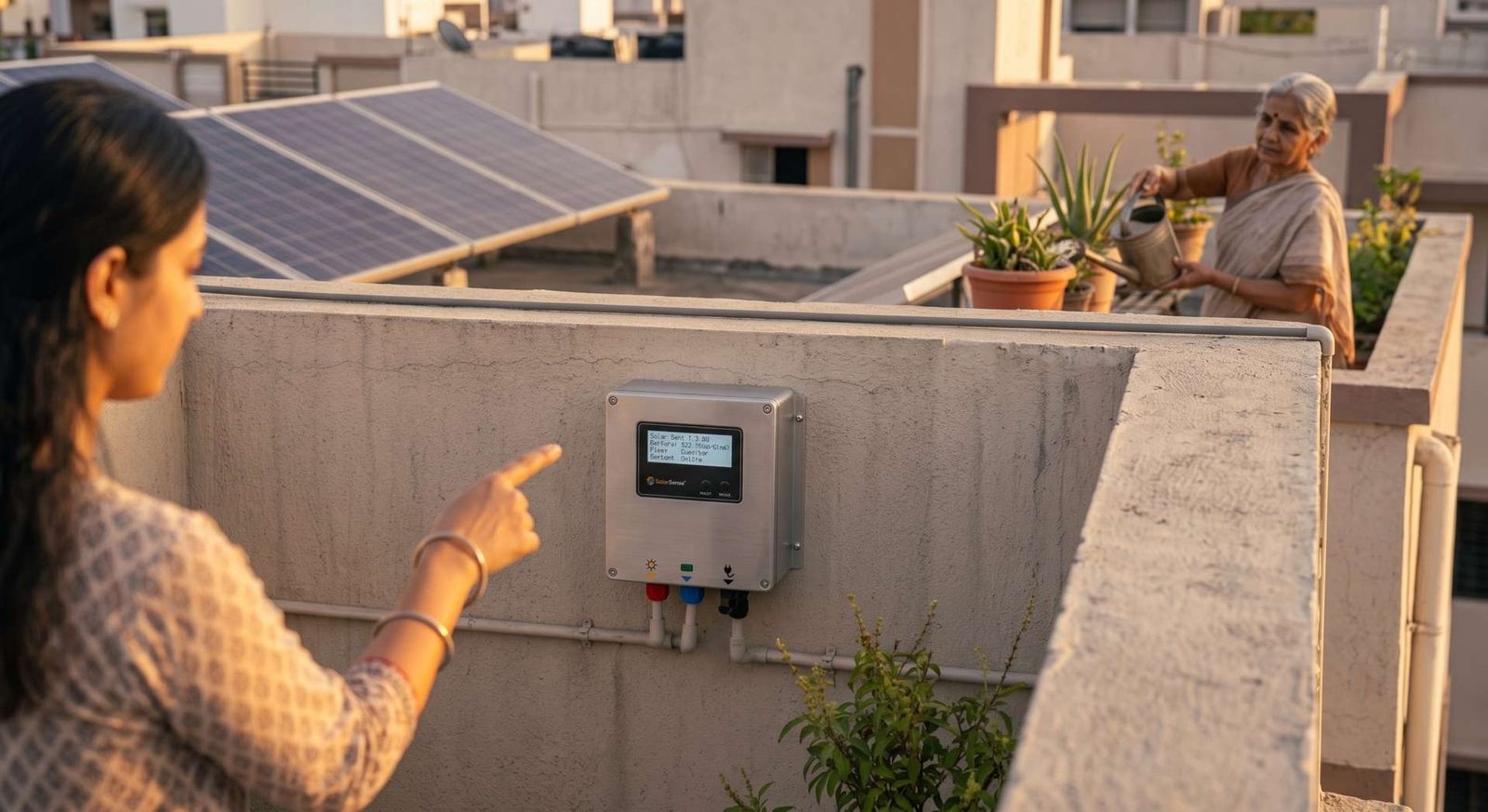 A woman points to a rooftop solar meter while her neighbour waters plants on the next terrace.