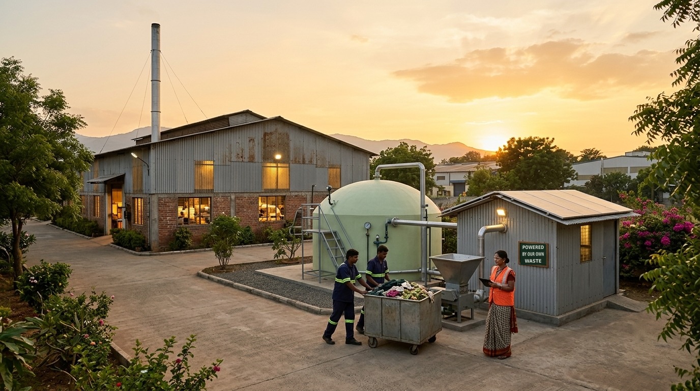 Workers wheel a bin of fabric offcuts and food scraps to a biogas digester beside a factory at sunset, while a supervisor checks a tablet. A sign on the generator house reads Powered by our own waste.