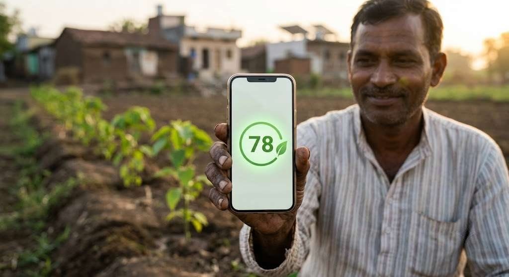 A farmer beside young saplings holds up a phone showing a verified carbon score of 78.