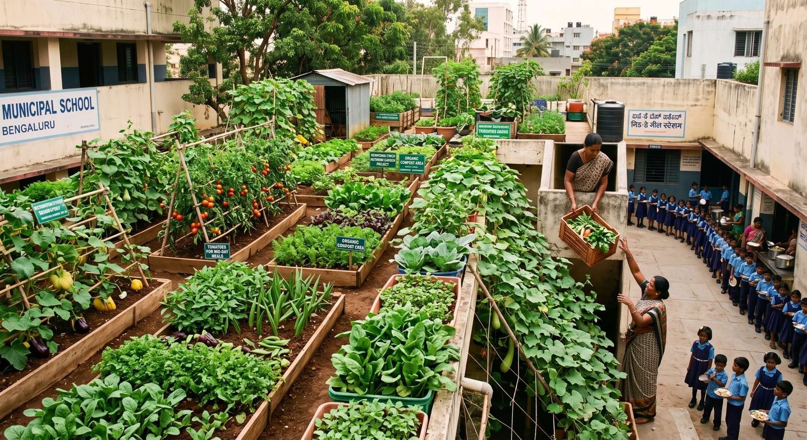 Staff hand crates of vegetables from a rooftop garden down to a municipal school kitchen as students line up for lunch.
