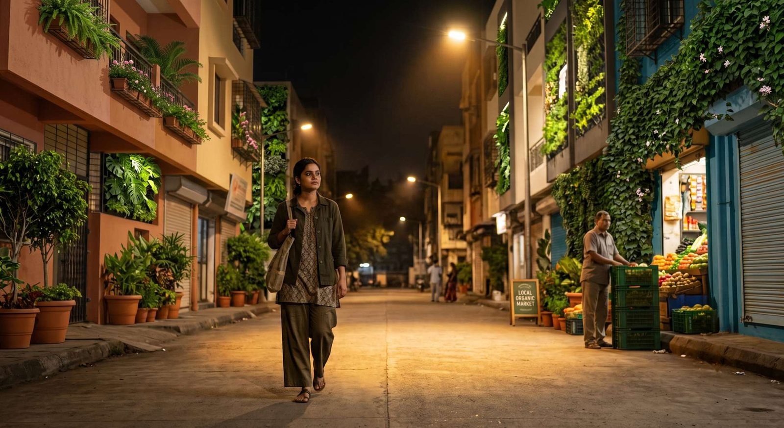 A woman walks home at night down a well-lit, green market street, past a fruit vendor.